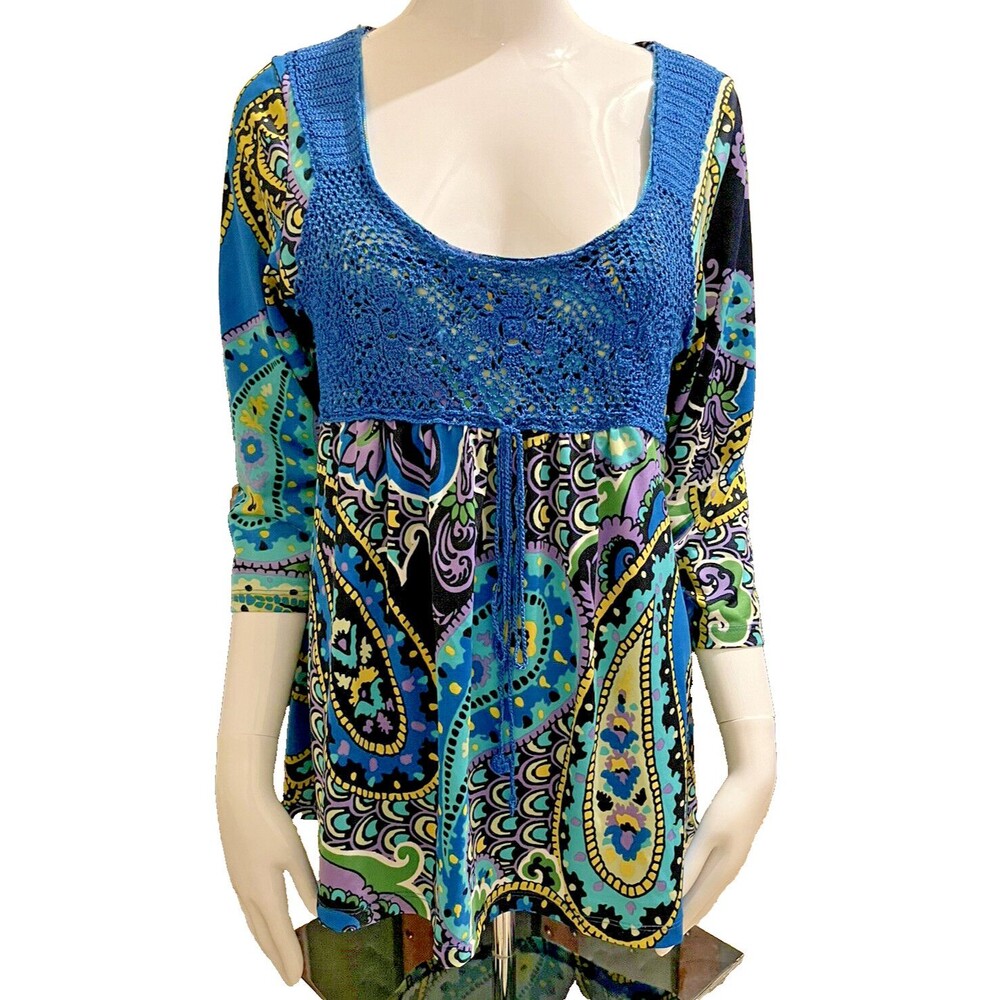 Susan Lawrence Top‎ Babydoll Crochet Blouse Paisley Blue Medium Made USA Hippie